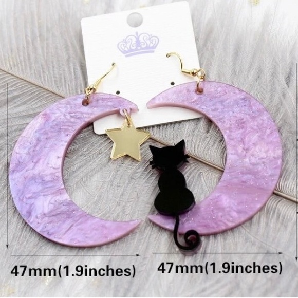 Witchy Moon Black Cat Star Acrylic Glitter Earrings - Picture 8 of 8